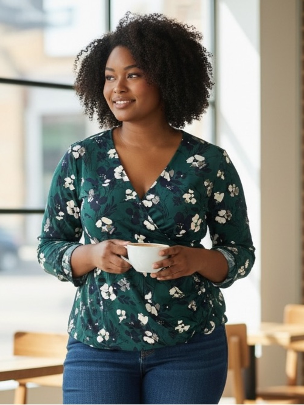 Floral Wrap Blouse in Deep Green